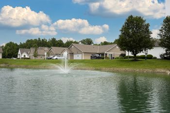 A fountain in the middle of a lake with houses in the background.